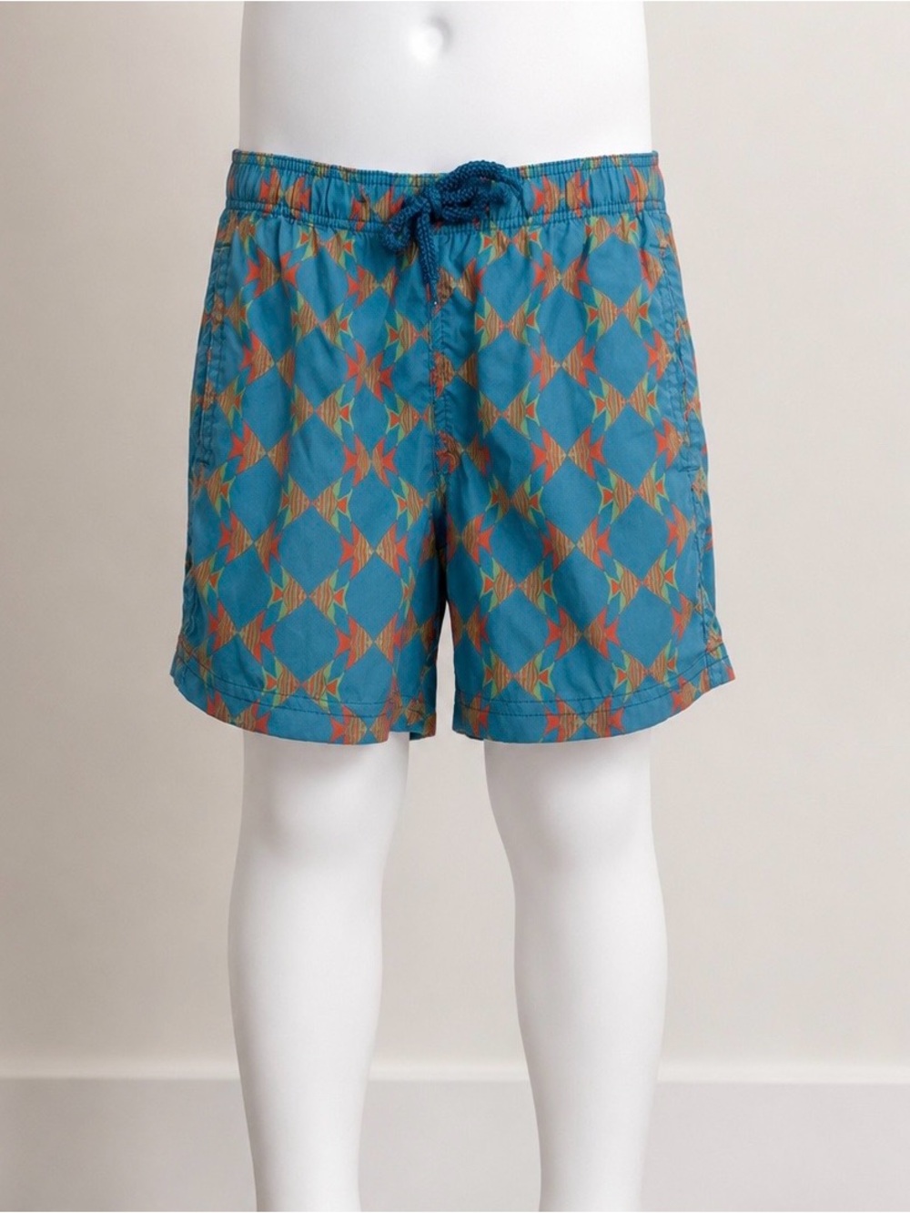 Vilebrequin Teal Swim Trunks with Orange Star Geometric Print